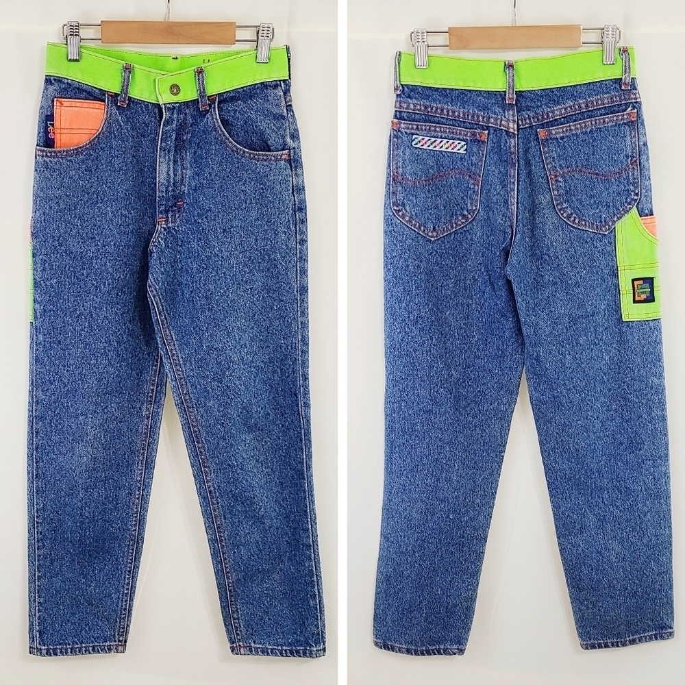 Vintage Lee Radical Riders jeans neon green orange youth 12 size 26 x 27